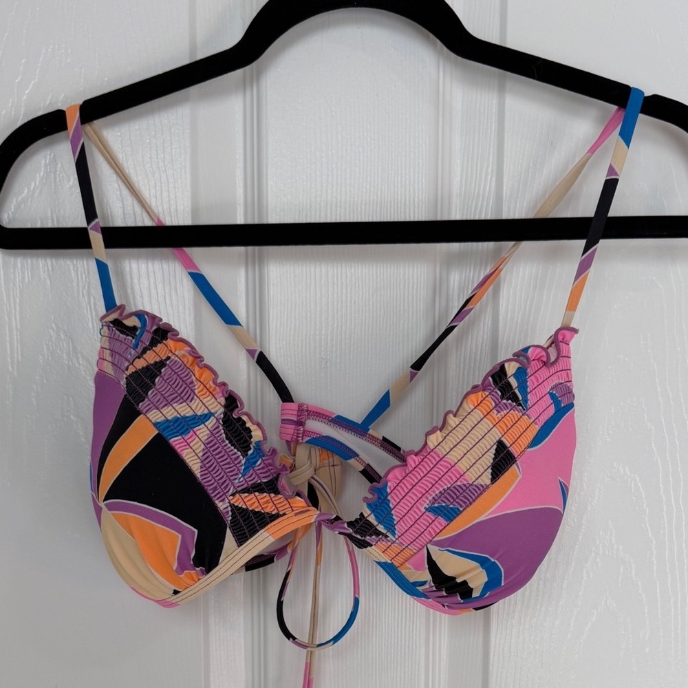 Salt + Cove Womens Geometric Abstract Smocked Ruffle Triangle Bikini Top Large